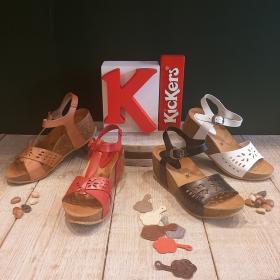 Chaussures femme KIckers Abyss et Abyl sandales compensées rouge camel noir blanc